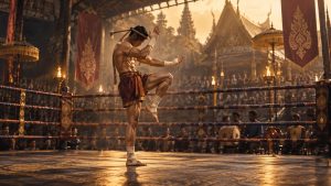 นักมวยไทยผู้ใหญ่กำลังประกอบพิธีไหว้ครูบนเวที