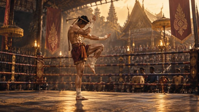 นักมวยไทยผู้ใหญ่กำลังประกอบพิธีไหว้ครูบนเวที